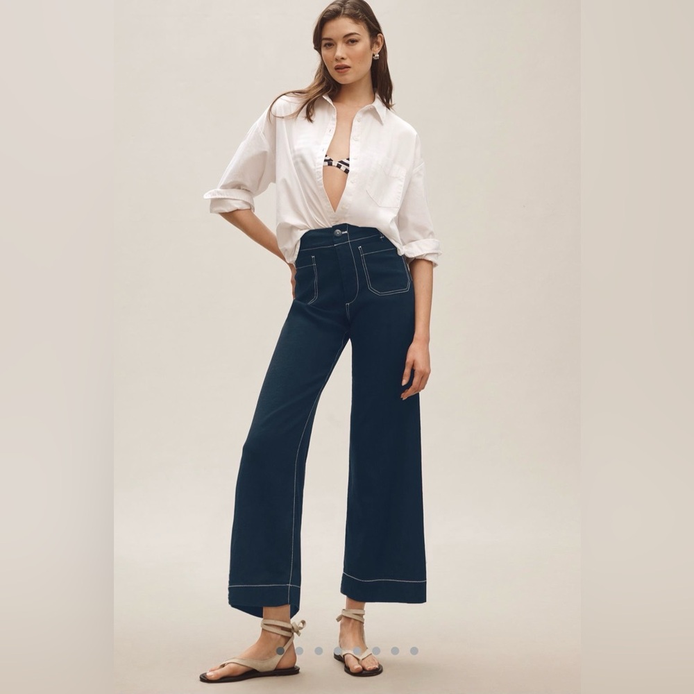 Maeve Colette Contrast-Stitch Linen Crop Wide Leg Pants
